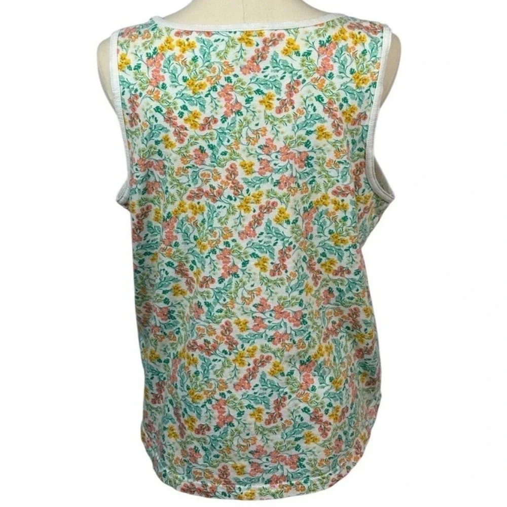 J Crew 100% Cotton White Tank w/ Green, Yellow, & Orange Floral Pattern (Size L)